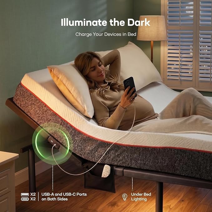 Marsail MS01-2 Twin XL Adjustable Bed Base – Massage, App Control & Under-Bed Nightlight, 4-Height Adjustable Frame, 3-Minute Tool-Free Assembly, Wireless Control