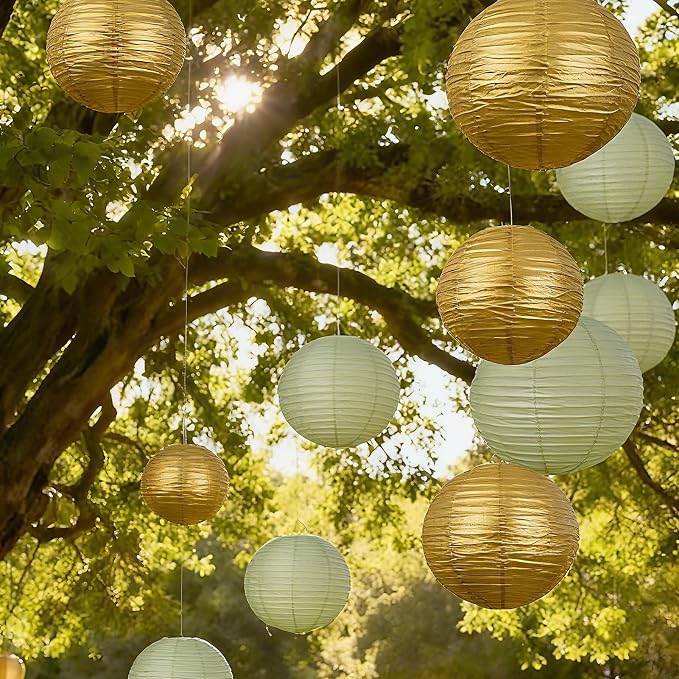 20Pcs Paper Lanterns Decorative, Sage Green and Gold 6"8"10" for Home Decor | Round Hanging Paper Lanterns Decorations for Rustic Party Bridal Shower Wedding Engagement Birthday Classroom Ceiling Decor