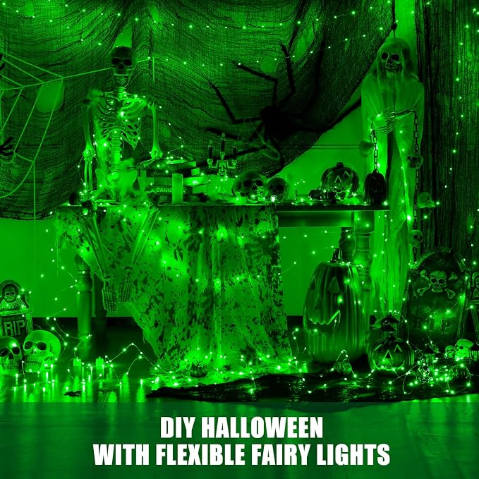 JMEXSUSS 2 Pack Green Halloween Fairy Lights Battery Operated with Remote | Total 200 LED 66ft Twinkle String Lights, 8 Modes, Waterproof, Halloween Lights for Wreath Mantle Tree Indoor Outdoor Decor