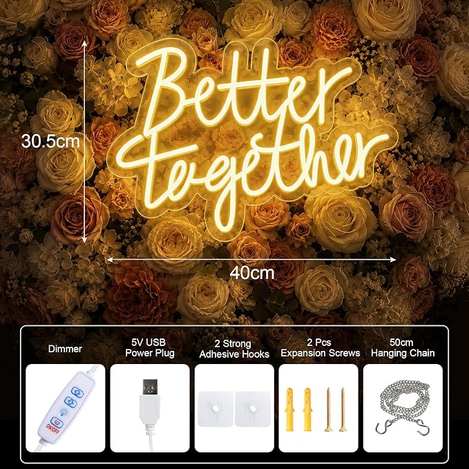 FARNY Better Together Neon Sign for Wall Decor Dimmable LED Neon Night Light Sign for Wall Party Décor Engagement Bedroom Bar Wedding Birthday Christmas Decoration, Warm White,16"x 12"