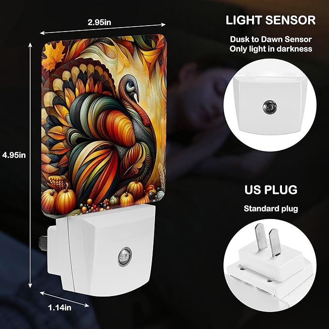 LED Night Light Lamp with Smart Sensor Dusk to Dawn Sensor,Thanksgiving Turkey Abstract Fall Colors Night Light Daylight White,0.5W Plug-into Wall for Adults,Bedroom,Bathroom,Hallway,Kitchen