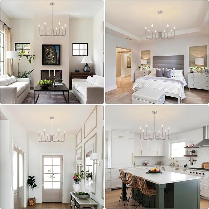 8-Light Farmhouse Chandelier for Dining Room Light Fixtures, Brushed Nickel Dining Room Light Fixture, Candle Ceiling Industrial Modern Chandelier for Living Room Kitchen Entryway Foyer Bedroom