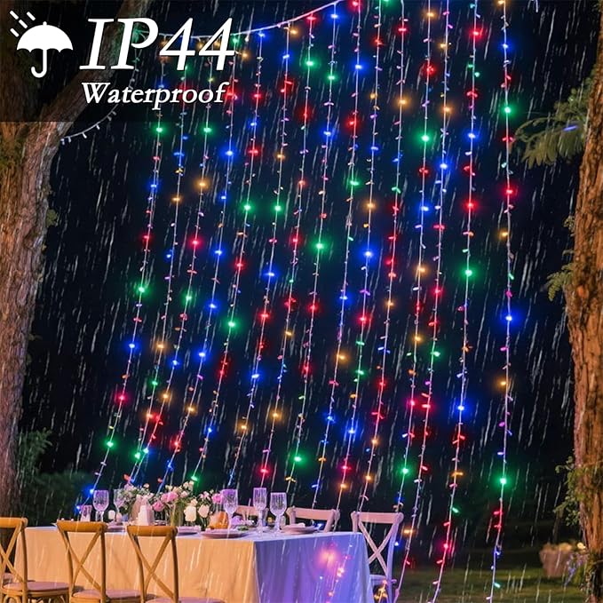 300 LED Multicolor Rainbow Curtain String Lights 9.8x9.8FT, Plug in Fairy Lights with 9 Hooks, Dimmable, Timer & 8 Modes, IP44 Waterproof, Bedroom Party Wedding Backdrop Christmas Outdoor Decor