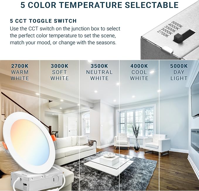 PARMIDA (6 Pack) 6 Inch Ultra-Thin LED Recessed Ceiling Light with Junction Box, 5CCT Color Selectable 2700K/3000K/3500K/4000K/5000K, 12W, Dimmable Canless Wafer Slim Panel Downlight, IC Rated, ETL