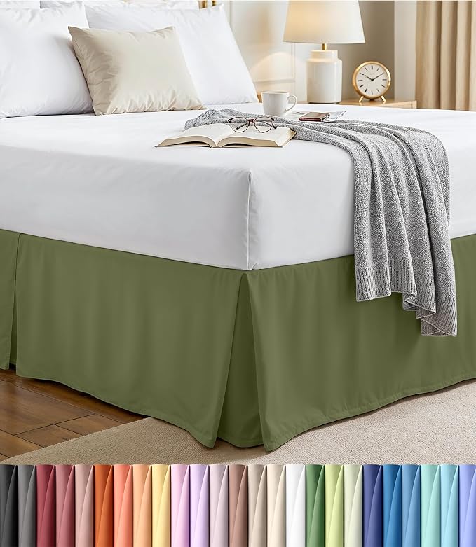 Queen Bed Skirt, Hides Under-Bed Storage 16 Inch Drop, Pleated, Olive | Easy Fit Design, Shrinkage & Fade Resistant, Hotel Style, Microfiber Durable Fabric, Machine Washable