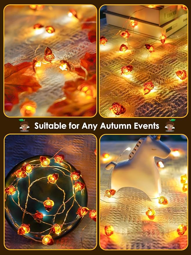 EXF Fall Decor Acorn Fairy Lights Battery Operated with Remote 10FT 30 LED | 8 Modes & Timer, IP44 Waterproof Halloween Twinkle String Lights for Indoor Outdoor Autumn Harvest Thanksgiving Day Decor