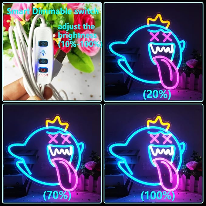 King Boo Neon Sign Ghost Led Neon Light with Dimmable Switch Gaming Neon Sign for Kids Game Room Man Cave Birthday Halloween Decor Christmas Gift