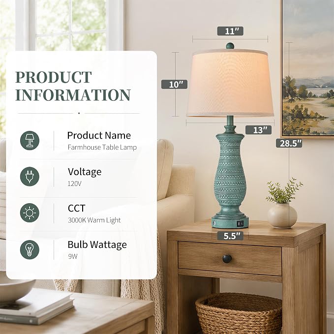 Living Room Lamps Set of 2, Table Lamps for Bedroom, Farmhouse Lamps for Nightstand with Oatmeal Linen Lampshade (Peacock Blue)