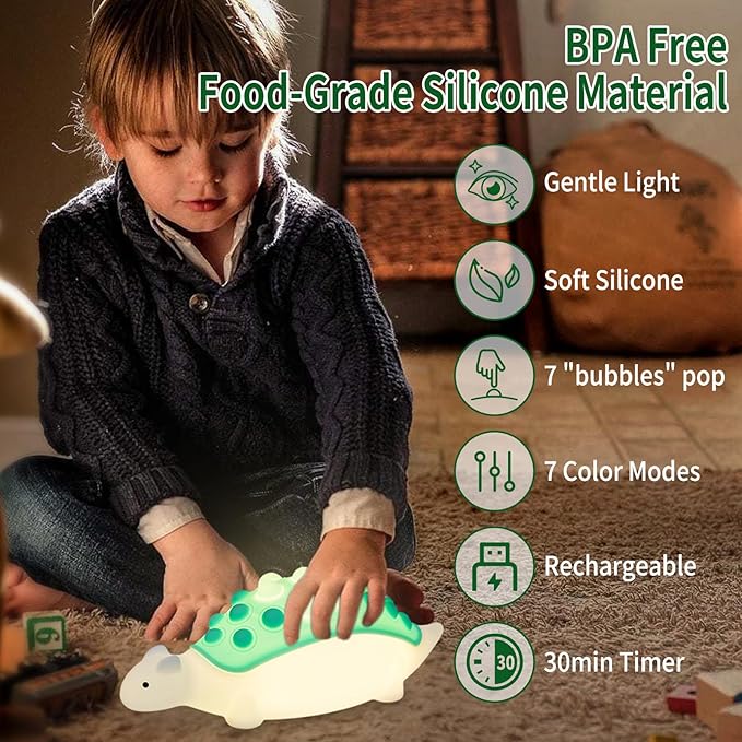 Dinosaur Kids Night Light,Silicone Nursery Dino Lamp with Pop Bubble,7 Nightlight Modes Rechargeable Bedside Touch,Baby Room Decor,Cute Dinosaurs Gifts for Toddler(Green)