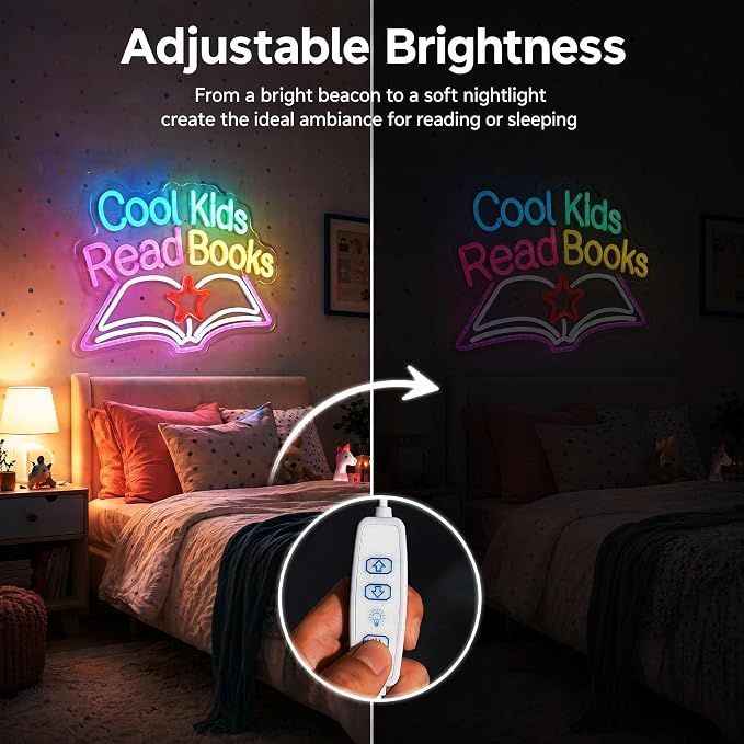Cool Kids Read Books Neon Sign - Classroom Reading Corner Decor | 15.7"x11.8" Book-Shaped Light with Dimmer, 6.5ft USB Powered, Hanging Chain Included, Night Reading Lamp