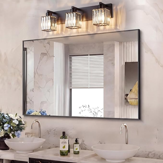 Modern Bathroom Vanity Light, 3-Light K9 Crystal Bathroom Lighting Fixtures Over Mirror, Black Vanity Light with Square Shade