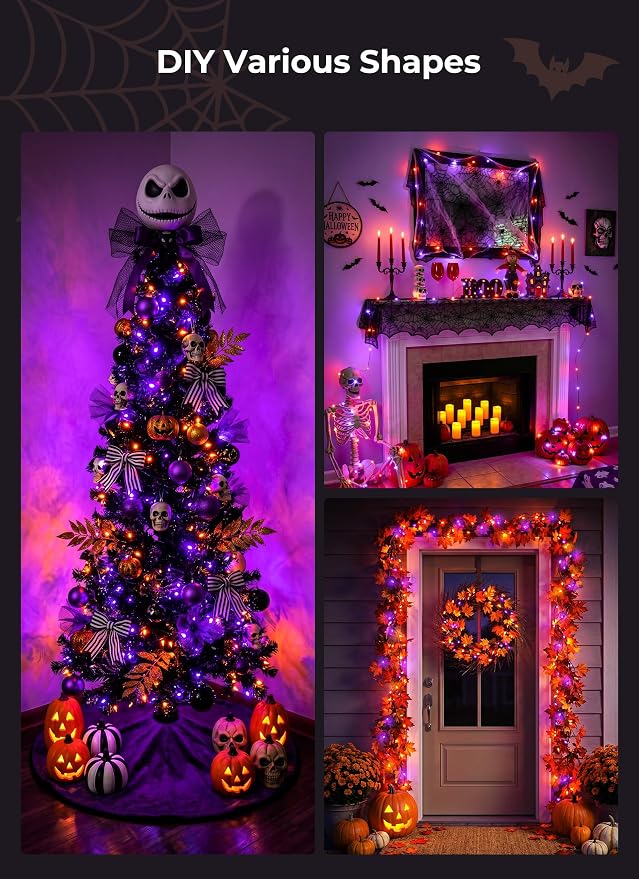 Halloween Fairy Lights Plug in, 33Ft 100 LED USB Twinkle String Lights with Remote and Timer, Waterproof 8 Modes for Home Party Haunted House Indoor Outdoor Halloween Decorations, Orange & Purple