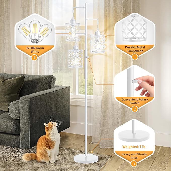 Dimmable Floor Lamp, Farmhouse Standing Lamp with Elegant Metal Cage, Industrial Tall Tree Floor Lamps for Living Room Bedroom Study Room Office, 3 x 800LM LED Bulbs Included - 68", White