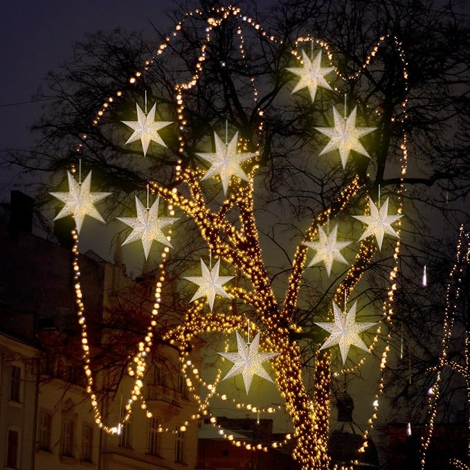 12 Pcs 14in Paper Star Lantern with 7 Pointed LED Lights for Xmas, Wedding, Holiday, Birthday Party Celebration(White)