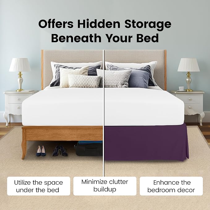 Queen Bed Skirt, Hides Under-Bed Storage 16 Inch Drop, Pleated, Purple | Easy Fit Design, Shrinkage & Fade Resistant, Hotel Style, Microfiber Durable Fabric, Machine Washable