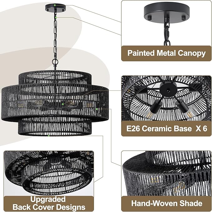 23.6" Black Large Boho Rattan Chandelier Light Fixture, 6-Light Rattan Hand-Woven Rustic Chandelier Drum Pendant Light Fixture for Dining RoomBedroom Living Room Entryway Foyer