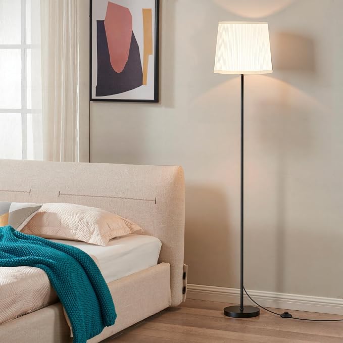 Dimmable Floor Lamp with Pleated Shade for Living Room | Dimmable LED Standing Lamp with Foot Switch, Modern Floor Reading Light for Bedroom Office Corner