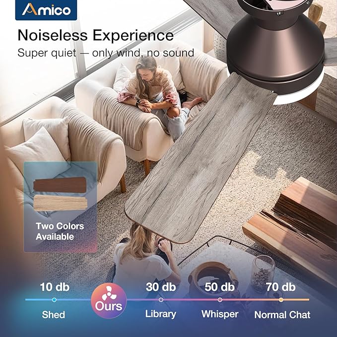 Amico 42 Inch Brown Low Profile Ceiling Fans with Lights and Remote | Flush mount, 3-color dimmable light, quiet reversible DC motor, easy install, memory, timer, bedroom, covered outdoor areas