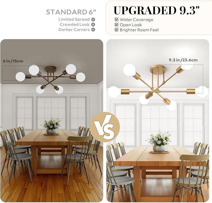 Modern Sputnik Chandelier Ceiling Light Fixtures, 6-Lights 22” Mid Century Industrial Metal Semi Flush Mount for Dining Room, Bedroom, Living Room-Gold