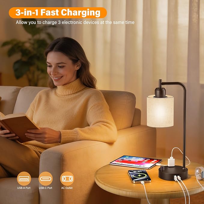 Industrial Table Lamps with Linen Shade, Set of 2 Fully Dimmable Bedside Lamps with USB A+C Ports and Outlet, Brown Nightstand Desk Lamps for Bedrooms Living Room Office, 2 LED Bulbs Included
