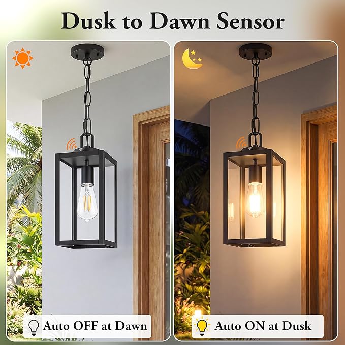 Dusk to Dawn Outdoor Pendant Light for Porch Gazebo, Black | Auto ON/OFF, Hanging Height Adjustable, Waterproof, Rust-Resistant, Durable Metal & Clear Glass, Easy to Install