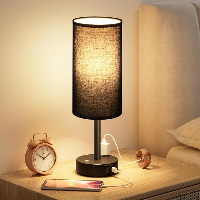 Black Touch Bedside Lamp for Bedroom, Stepless Dimmable, USB A+C, AC Outlet | Base Touch Button Only, Memory Brightness, Ultra-dim Night Light, Included Bulb for Optimal Dimming, Black Fabric Shade, Desk