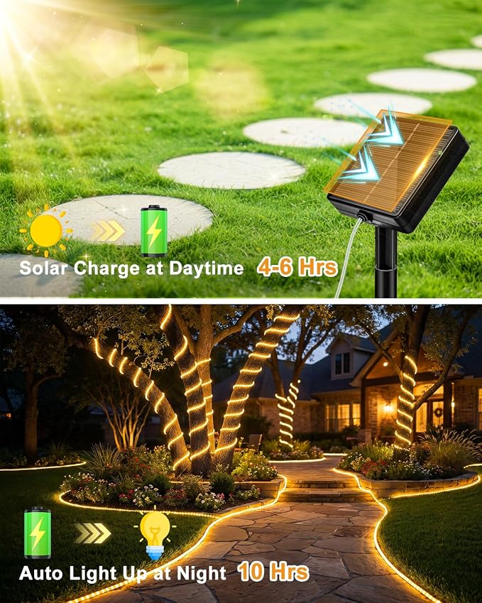 btfarm Solar Rope Lights, 120LED 46FT String Lights Outdoor Waterproof | 2 Pack 8 Modes, Timer Memory Function, Tube Trampoline lighting for Outside Garden Tree Christmas Yard Patio Decor,Warm White
