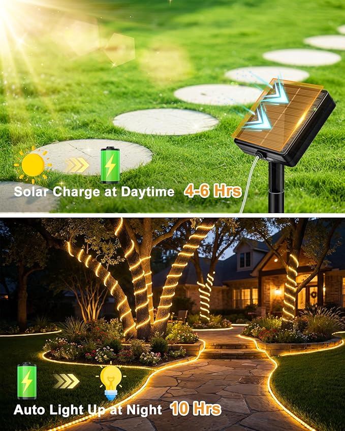btfarm Solar Rope Lights, 120LED 46FT String Lights Outdoor Waterproof | 8 Modes, Timer & Memory Function, Tube Trampoline lighting for Outside Garden Tree Christmas Yard Patio Decor, Warm White