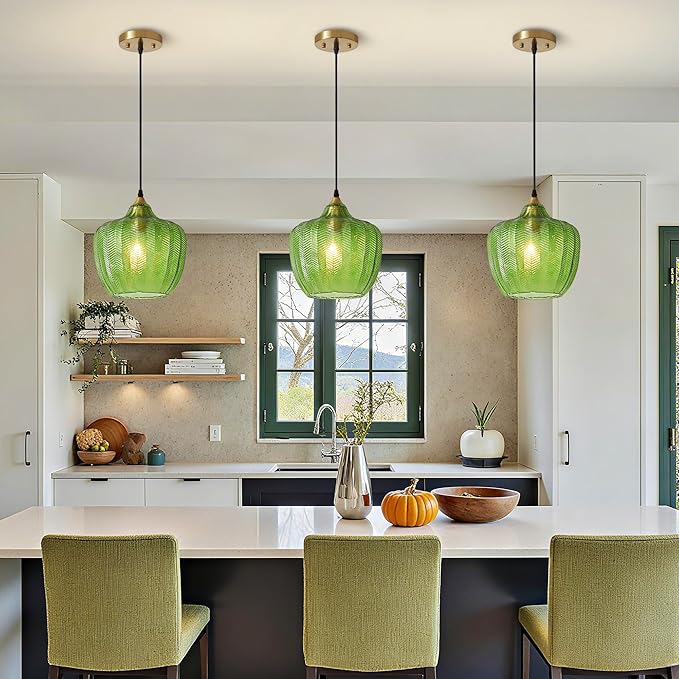 Modern Gold Pendant Light, Green Glass Farmhouse Kitchen Island Pendant Light Fixture Adjustable Vintage Hanging Ceiling Light for Dining Room Corridor 9.45 inch 1 Pack, UL Certification