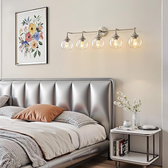 Bathroom Vanity Lights 5-Light Brushed Nickel Vanity Light 39" | Farmhouse Vanity Lighting Fixtures Over Mirror, Thickened Clear Glass Shade, UL E26 Dimmable Vanity Light Fixtures