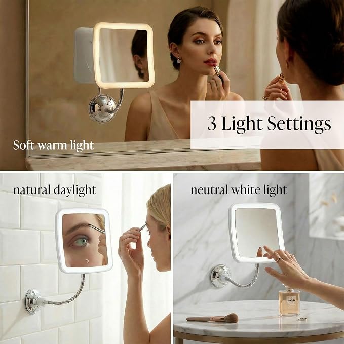 Fancii 10x Flexible Magnifying Mirror with 3 LED Light Settings, Rechargeable - Gooseneck Lighted Makeup Mirror for Bathroom, Locking Suction Mount, Cordless, 360° Rotatable (Mira 2 Plus)