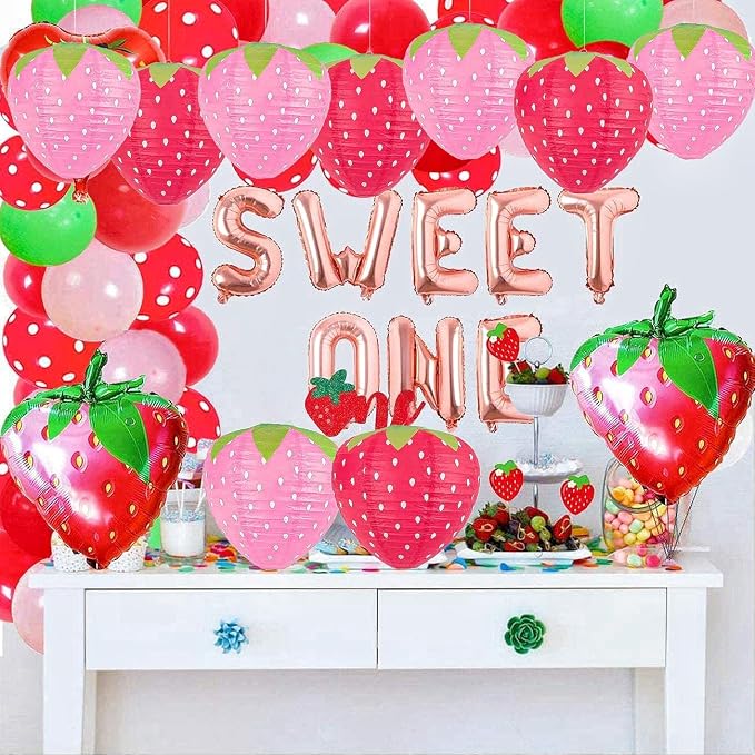 Strawberry Paper Lanterns - 8PCS Hanging Decorations for Room, Birthday Party, Wedding, Garden - 8 Inch, Red and Pink