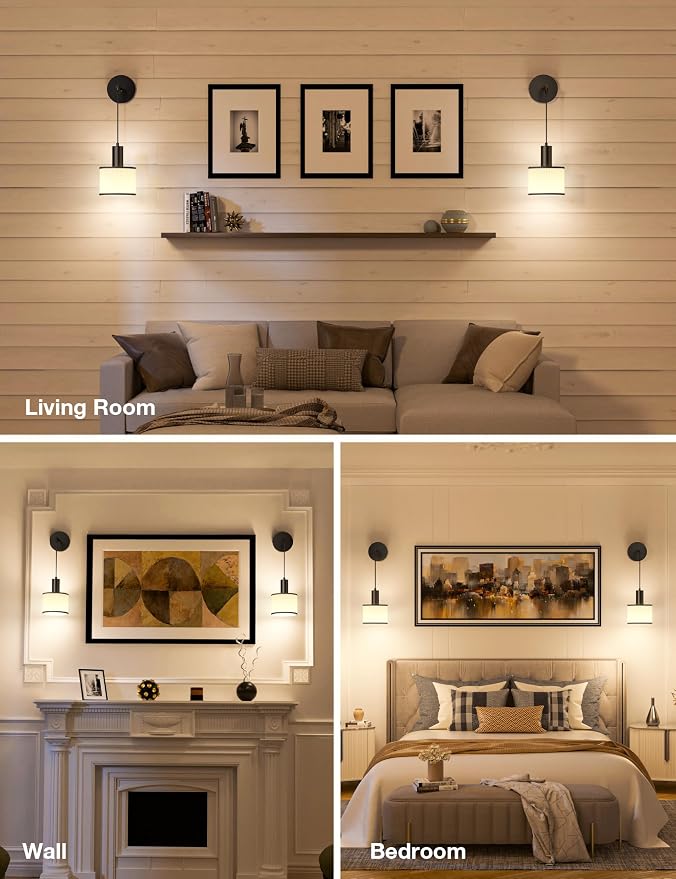 Battery Operated Wall Sconce Set of 2, Black&Off-White Wireless Rechargeable Wall Lights with 5200mAh Dimmable Detachable Bulbs and Remote, 9 Colors Sconces Wall Decor for Bedroom Living Room