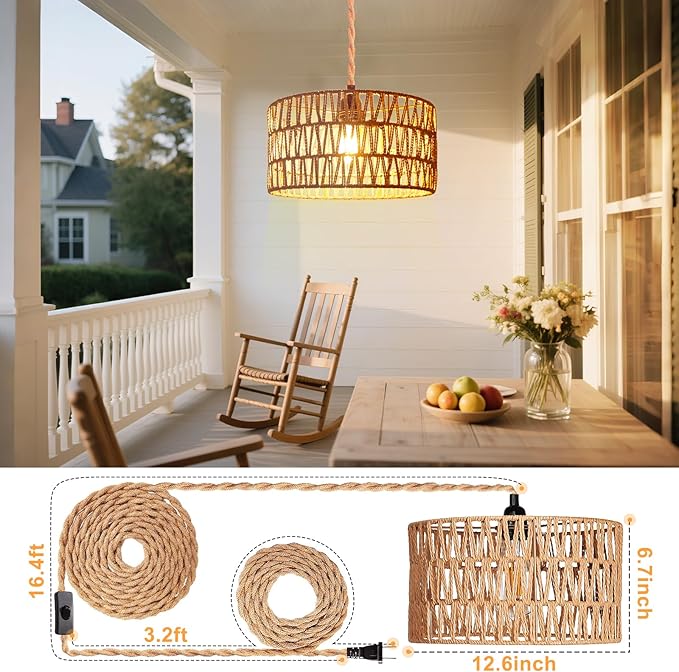 Hanging Light Ceiling Lamp Pendant Lights Rattan Hanging Lamp with Plug in Cord for Living Room Bedroom Kitchen Indoor Hanging Lamp Plug in Woven Lampshade