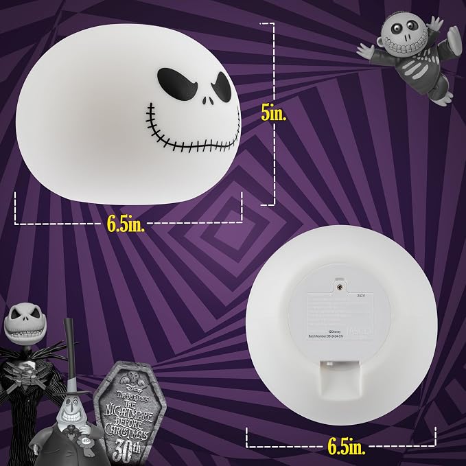 Disney Squish'ems Jack Skellington Night Light for Kids, Soft Silicone | 13 Color Modes and Dimmable Warm White Light for Kids Room, Bedroom, and Playroom, USB Powered with AAA Battery Option