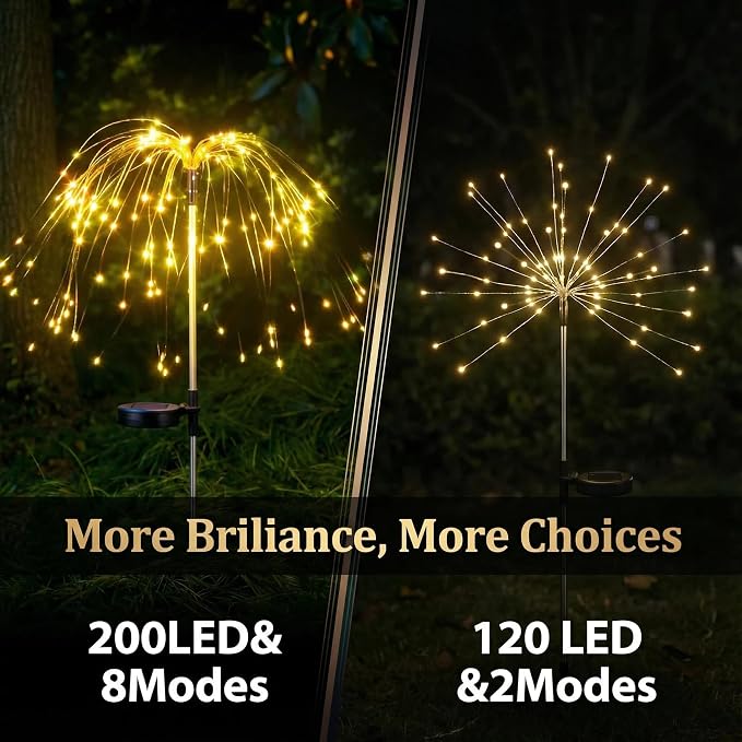 6-Pack Solar Firework Lights for Outside Waterproof Garden Fairy Lights | Adjustable 32"-51" tall, 200 LED stainless steel stake starburst lights with 8 modes for pathway patio decorations.