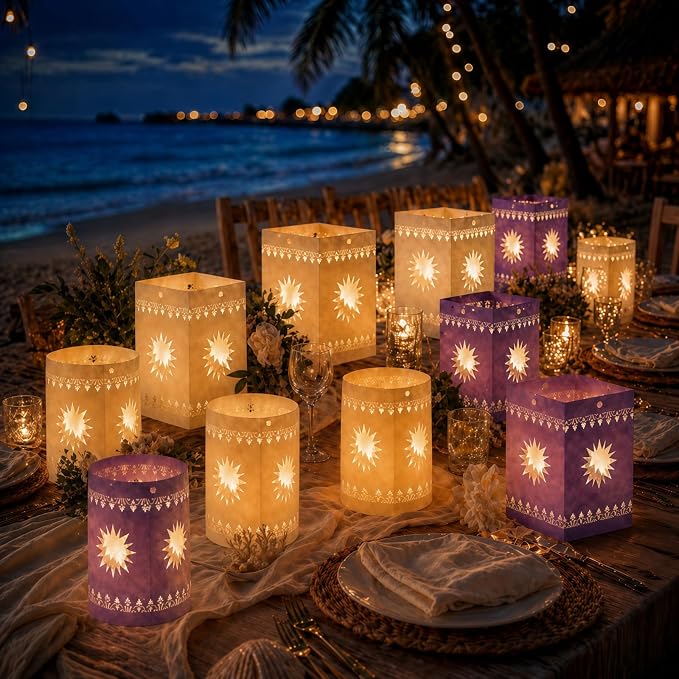 20 Pcs DIY Princess Hanging Lanterns with String Light and Ribbon | Thick Paper Sun Cutout Pattern, Girls Birthday Party Decor, Provide Tools, 10 Yellow+10 Purple, Batteries Not Included