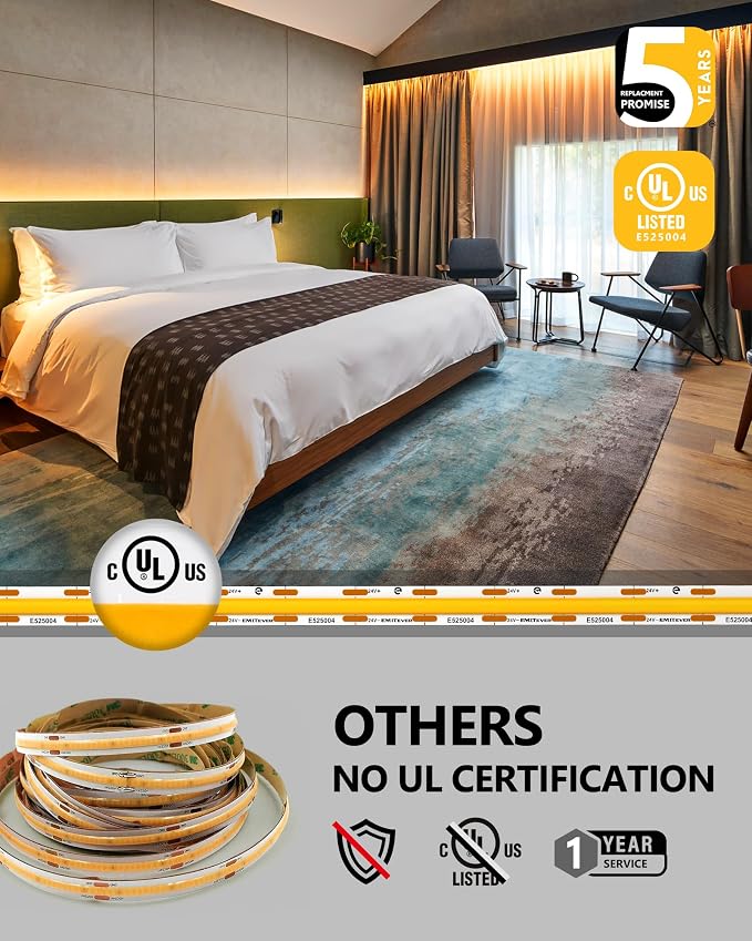 EMITEVER COB LED Strip Lights Warm White 2700K,UL 24V,16.4ft 2400LEDs | Ra 90+,IP30,3W/ft,305+Lumens/ft,5 Year Warranty(Power Supply Sold Separately)for bedroom,living room,kitchen