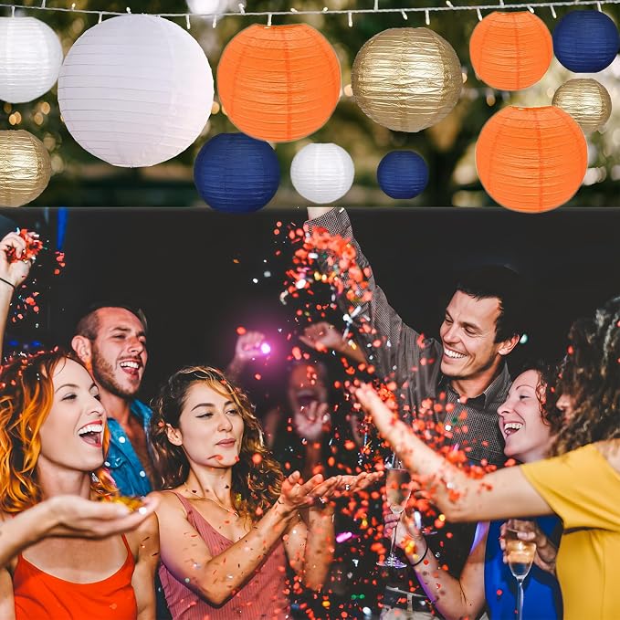 12Pcs Paper Lanterns 6”, 8”, 10”, 12”,Paperlanterns Party Decoration, Dark Blue White Orange Gold Paper Lanterns for Wedding, Bridal, Birthday, Outdoor, Home, Garden, Holiday and Party.