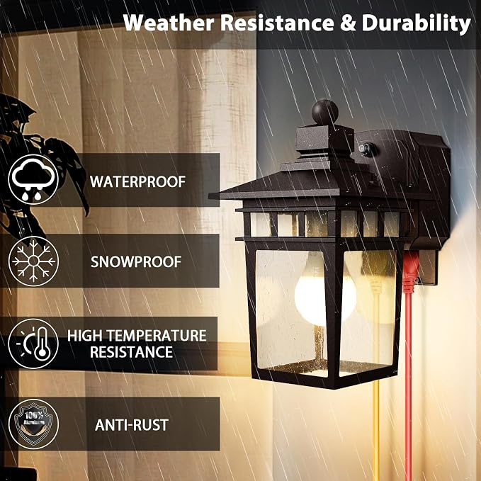 Bronze Outdoor Lights with GFCI Outlet,Dusk to Dawn Porch Light,Waterpoof Exterior Wall Light Fixture,Aluminum Outdoor Wall Sconce,Front Door Light Outside Lights for House,Garage,E26