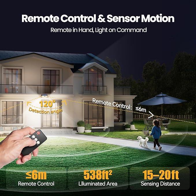 TECKNET 546 LEDs Motion Sensor Outdoor Lights with Remote Control & Hook,7500LM Solar Lights Outdoor with 2200mAh & IP66 Waterproof, 300° Angle & 3 Modes, Solar Lights for Patio Fence Garage 4 Pack