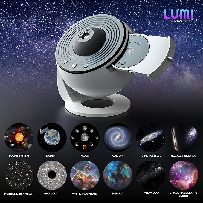 Lumi Galaxy Projector Star Projector Galaxy Light with 12 HD Film Discs | 360° Rotating Planetarium Room Lights for Bedroom Ceiling, Night Light for Kids, Aurora Northern Sky Display, Gift Idea