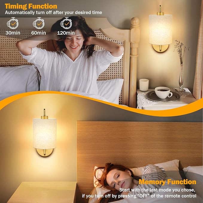 Battery Operated Wall Sconce Set of 2, Gold Wall Light Fixture | Rechargeable Wall Mount Light, Dimmbale Bulb & Remote, 12 RGB Colors & Timer, Wireless Wall Lamp Linen Shade, Bedroom Hallway