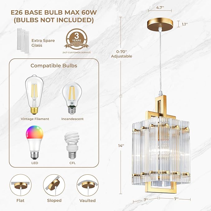 IKK Gold Pendant Light for Kitchen Island, Luxury Ribbed Glass Chandelier Lights Fixture, Modern Elegant Adjustable Pendant Lighting for Dining Room Bedroom, E26 Bulb, L6.5'' x H14''
