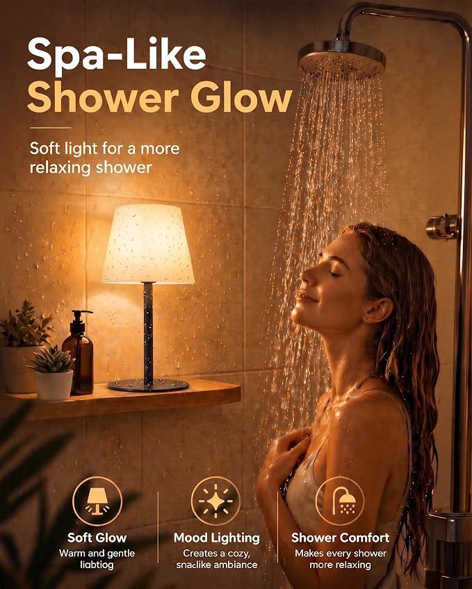 EZVALO Spa-Like Shower Lamp – IP65 Waterproof Bathroom Lamp, Rechargeable Cordless Mood Light, 3 Color Temps for Relaxing Bathroom & Bathtub Experience 2 Pack (Black)