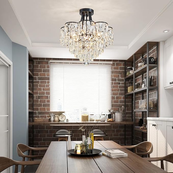 WUZUPS Crystal Chandelier Semi-Flushmount Ceiling Light Modern Lighting Fixture for Bedroom Hallway Entry Kitchen Bathroom, H 19.3" x W 18.3", E12 Base, Black