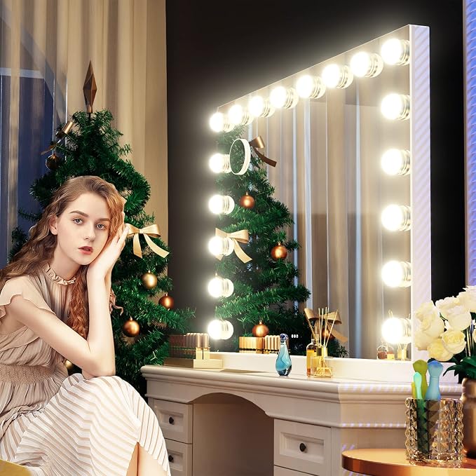 Gvnkvn Vanity Mirror with Lights, 32 x 24 Tabletop Hollyhood Makeup Mirror, Hollywood Lighted Mirror with 18 Dimmable LED Bulbs,3 Colors Modes,Touch Control,Metal Frame,