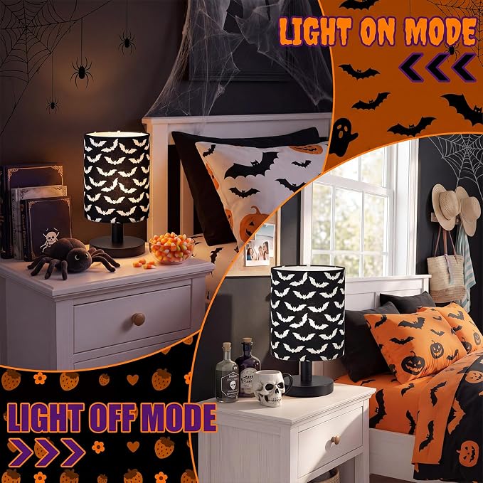 Halloween Bat Kids Table Lamp for Bedroom Kids Bedside Lamp with Linen Wooden Nightstand Cartoon Nursery Lampshade for Girls Boys Living Room