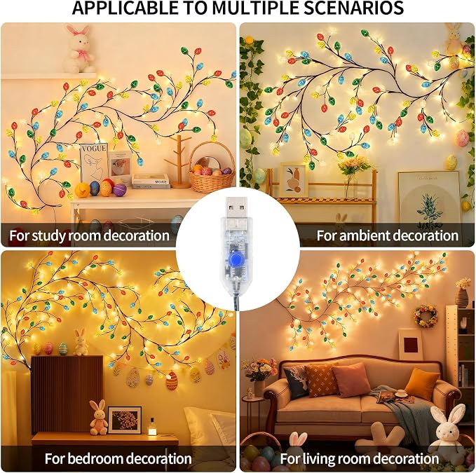 4FT 48LED USB Easter Egg Tree Branch Lights for Wall Decor, USB Battery Box | USB Easter Egg Enchanted Tree Branch Lights for Easter Wall Decor with Remote Timer,8 Light Model USB Battery Box