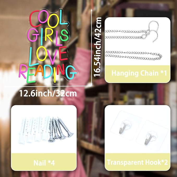 Cool Girls Love Reading Neon Sign USB Powered Reading Book Neon Light for Wall Decor Colorful Letter Light Up Sign for Classroom Reading Room Bookstore Kids Room Library (16.54 * 12.6)